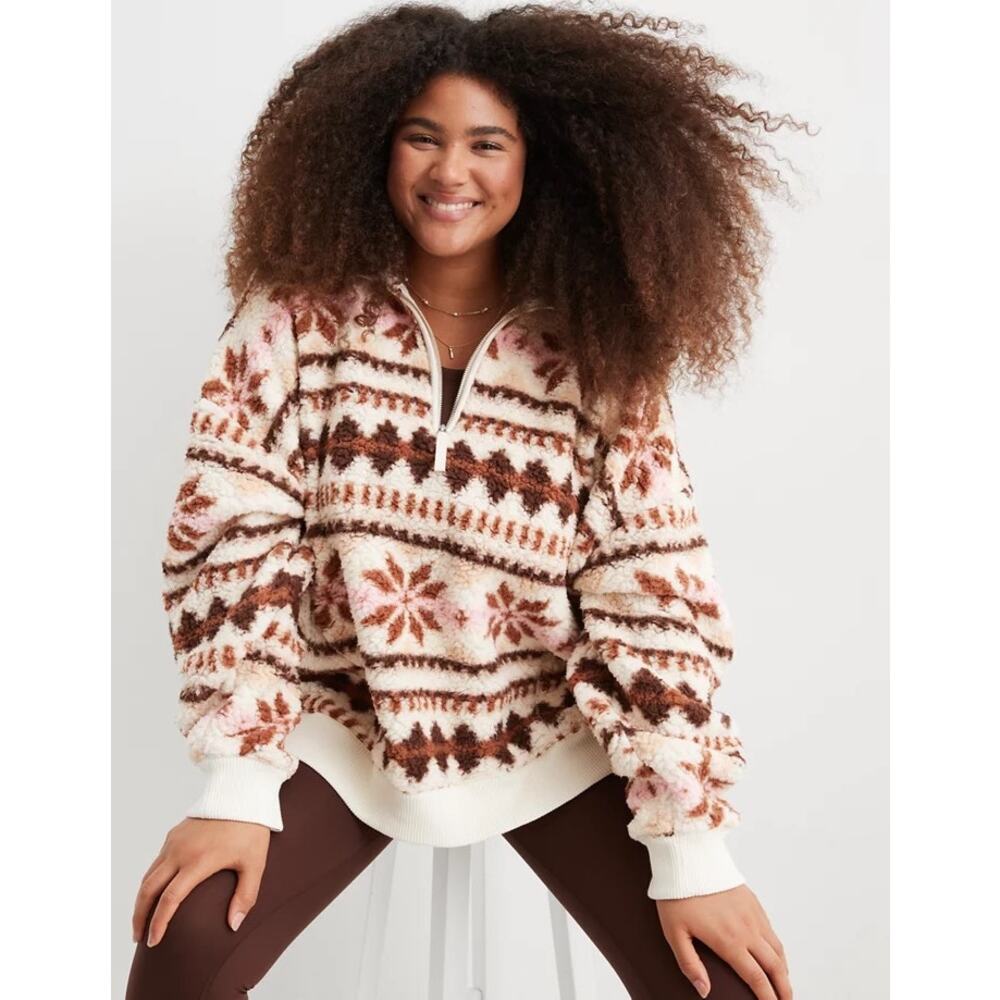 Aerie Hometown Holiday Quarter Zip Sherpa Sweatshirt Fluffy Oversized Size XS